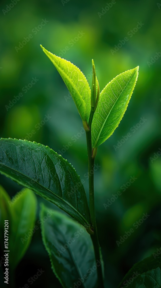 Obraz premium Fresh Tea Leaves with Dew Drops in Lush Green Background