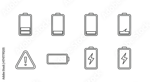 Collection of hand-drawn battery icons showing charge levels and warning symbols vector