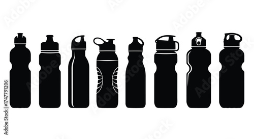 Collection of diverse black water bottles with different lids and designs for sports and hydration vector