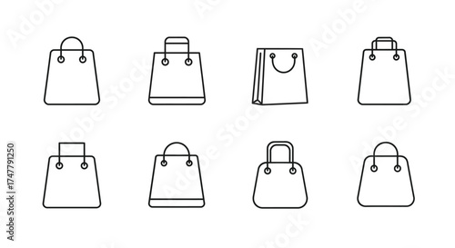 Collection of hand drawn shopping bags featuring diverse designs and sizes for retail and commerce vector