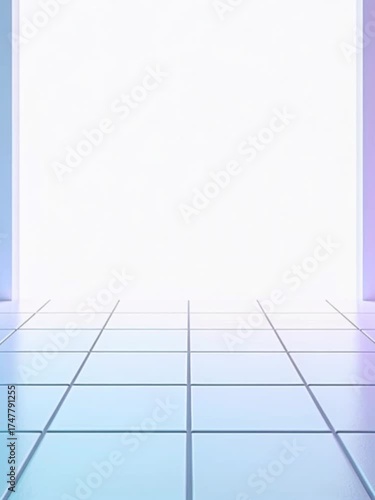 Wallpaper Mural A minimalist interior space with a bright white wall and colorful lighting. The floor is tiled with a grid pattern, creating a modern and clean aesthetic. Torontodigital.ca