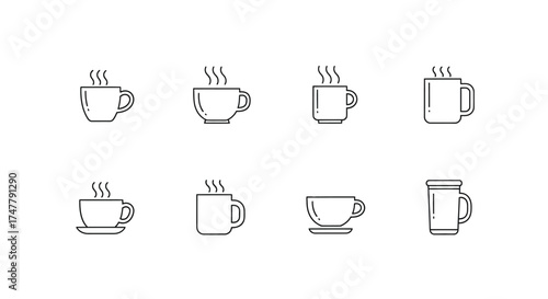Set of eight minimalist line art coffee cups with steam icons for beverage and cafe designs vector