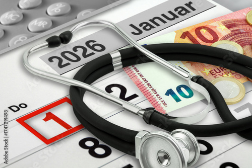 Deutscher Kalender Datum 1. Januar 2026  mit Euro, Rechner und Stethoskop