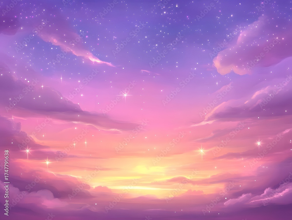 Fototapeta premium Magical Pastel Sunset Sky with Stars and Clouds Background