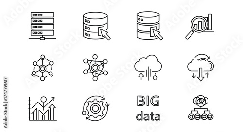 Collection of hand drawn data analysis and cloud computing icons for technology concepts vector