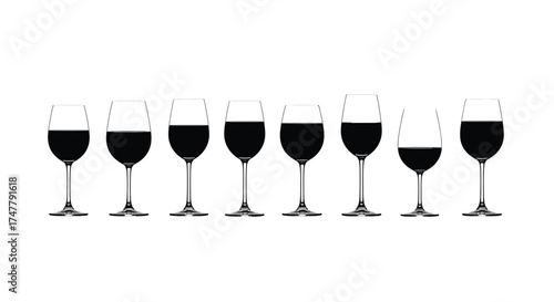 Collection of empty and filled wine glasses row various sizes for beverage service and celebration concepts vector