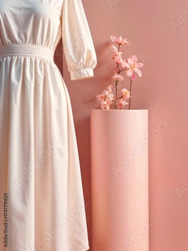 Wallpaper Mural A white dress displayed on a mannequin against a pink background. The dress features puffed sleeves and a cinched waist, with a decorative flower vase nearby. Torontodigital.ca