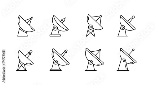 Collection of satellite dish antennas showing various angles and designs for communication vector