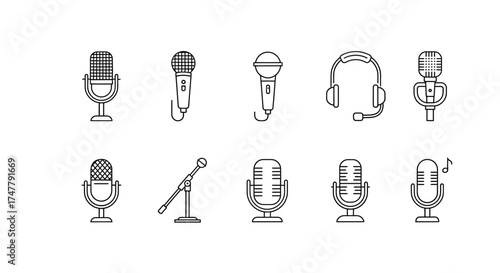 Collection of retro and modern microphones and headphones for audio recording and podcasting vector