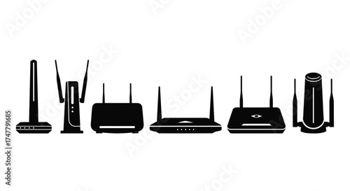 Collection of wireless routers and modems silhouettes diverse network devices for connectivity technology vector
