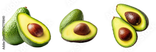 Fresh ripe green avocados whole and cut in half displaying creamy yellow flesh and large brown pits isolated on white
