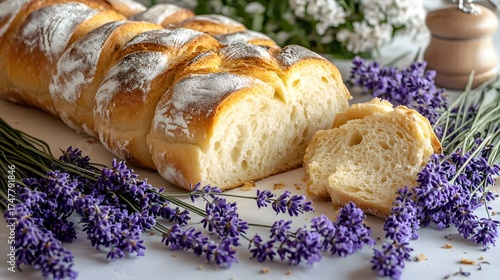 Freshly baked challah bread with lavender flowers on a light surface, food photography