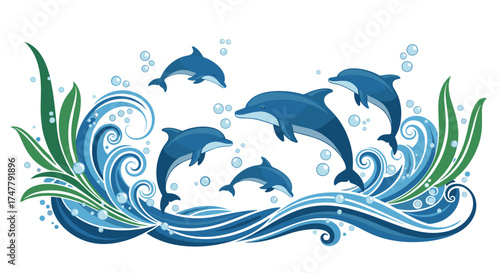 A pod of dolphins gracefully leaps and plays amidst swirling ocean waves and aquatic plants.