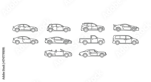 Collection of diverse automobile silhouettes for automotive design and transportation concepts vector