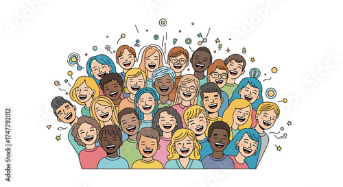 A diverse group of people joyfully laughing together surrounded by confetti.