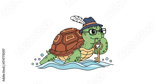 A smart turtle wearing a hat and glasses holds a key