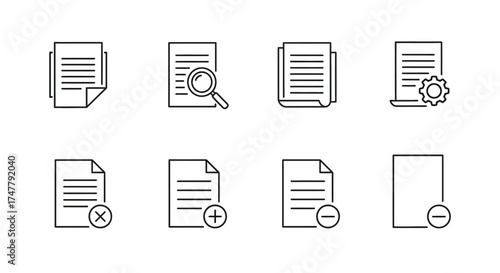Collection of document icons representing various file operations and information management vector