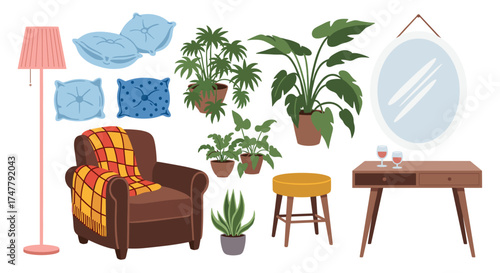 Cozy living room furniture and decor with houseplants.