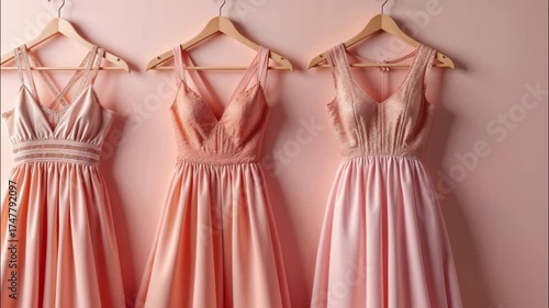 Wallpaper Mural Three elegant dresses in shades of peach hanging on wooden hangers against a soft pink background. The dresses feature varying designs and styles. Torontodigital.ca