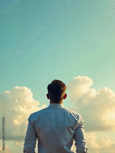Wallpaper Mural A young Caucasian man in a white shirt stands outdoors, gazing up at a commercial airplane flying overhead against a blue sky with clouds. Torontodigital.ca