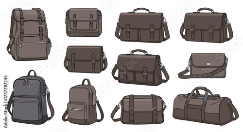 Collection of twelve assorted bags including backpacks messenger bags and duffel bags