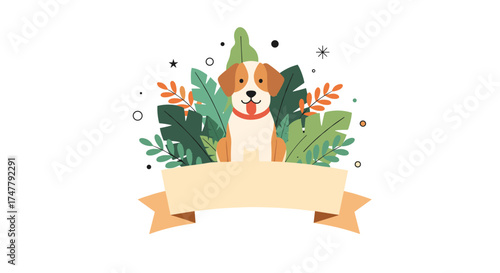 A happy dog surrounded by lush green leaves and organic shapes.