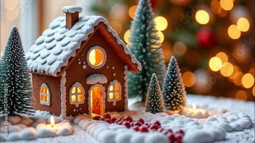 Wallpaper Mural A decorated gingerbread house with snow on the roof, surrounded by miniature evergreen trees. A Christmas tree with lights is in the background. Torontodigital.ca