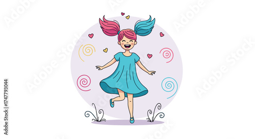 A joyful young girl with pink and blue pigtails dances happily with colorful swirls and confetti all around her.