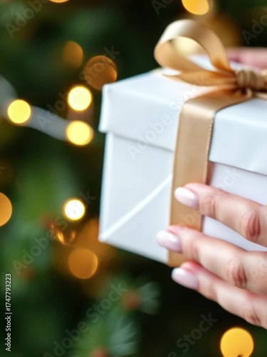 Wallpaper Mural A pair of hands exchanging a beautifully wrapped gift box with a gold ribbon. The background features a festive holiday setting with decorations. Torontodigital.ca