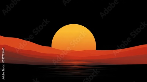 Vibrant Sunset Over Calm Waters with Abstract Mountain Silhouettes