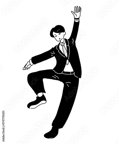 Hand drawn monochrome line art illustration of a businessman in a surreal pose