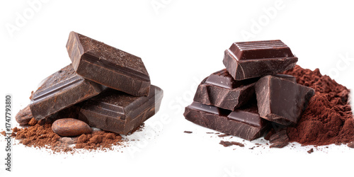 Rich dark chocolate pieces stacked with cocoa powder and raw cocoa bean on white background