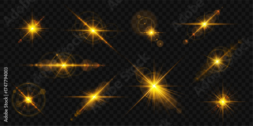 Pack of bright sunlight glare effects. Radiant flares and luminous beams create dynamic glowing highlights. Ideal for design, photography, or digital art projects. 