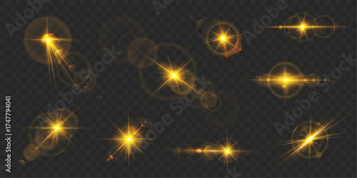 Set of luminous sunlight glare effects. Bright glowing beams and sparkling flares add realistic sun highlights. Perfect for visual design, photo enhancement, or creative digital projects.