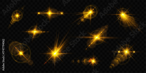Collection of realistic sunlight glare effects. Radiant beams and glowing flares produce vivid sparkling highlights. Perfect for digital art, design, or photographic enhancement.