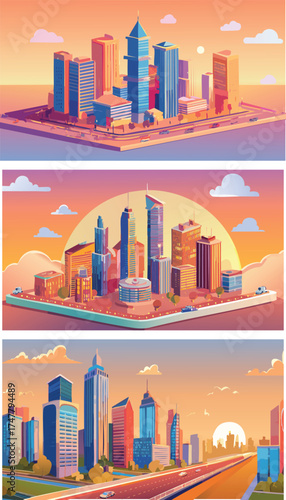 A vibrant, isometric view of a futuristic smart city at sunset..eps
