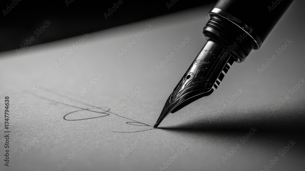 Fototapeta premium Elegant Fountain Pen Writing on Smooth Paper in Monochrome Style