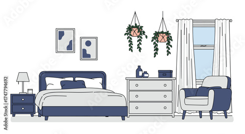 A cozy bedroom with a bed dresser and armchair near a window.