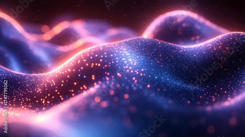 Abstract Glowing Wavy Surface with Particles and Light Trails.