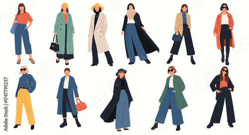 A collection of stylish women dressed in fashionable winter outerwear and accessories showcasing diverse personal styles and seasonal clothing trends.
