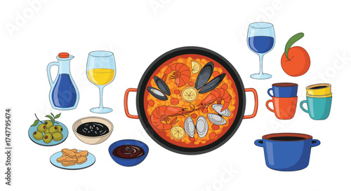 Delicious seafood paella served with wine and olives.