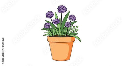 A beautiful potted plant with purple flowers and green leaves in an orange pot.