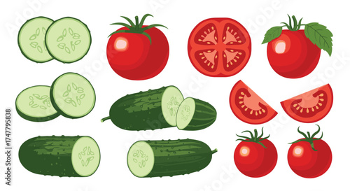 A collection of sliced and whole cucumbers and tomatoes showing their fresh texture and vibrant colors.