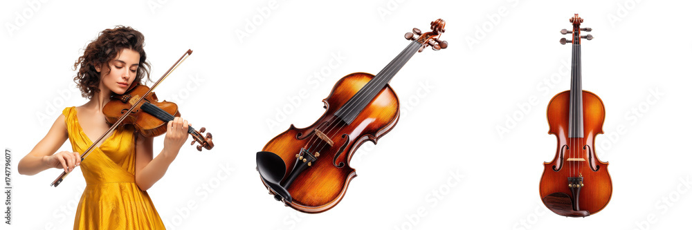 Fototapeta premium Female musician playing classical violin with detailed studio shots of the string instrument