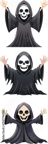A whimsical Halloween cartoon of a ghostly figure in a black hooded robe with a white,.eps