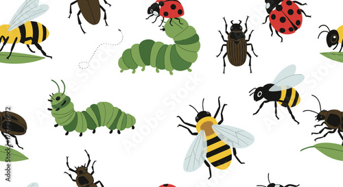 A delightful pattern showcasing a variety of colorful insects including bees ladybugs and caterpillars.