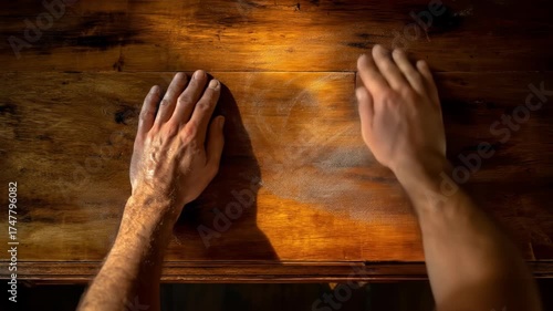 Man's hands rest on aged wood surface with dramatic lighting.