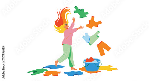 A woman tossing clothes up in the air while doing laundry.