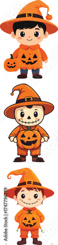 A cute scarecrow pumpkin hybrid character dressed in an orange pumpkin hat and outfit, holding a carved pumpkin jack-o-lantern. .eps