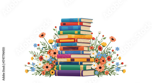 A vibrant stack of books adorned with blooming wildflowers and delicate greenery.